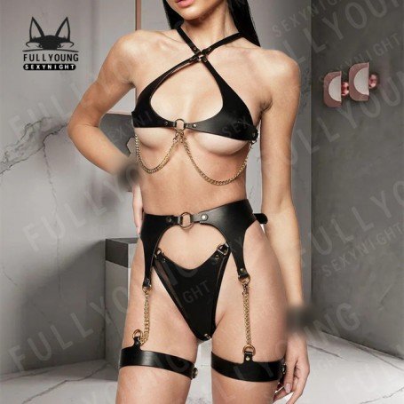 Woman Body Erotic Lingerie Harness Garter Faux Leather Set Bdsm Bondage Choker Suspenders Punk Sword Belt Fetish Clothing