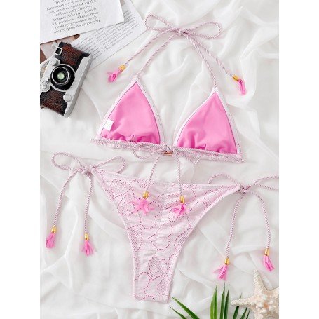 Zrtak Tie Waist Women'S Swimsuit Bikini Solid Beachwear Summer Bathing Suit Push Up Swimwear High Cut Thong Bikinis Sets