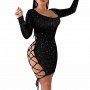 Long Sleeve Hollow Out Lace Up Glittery Club Dress
